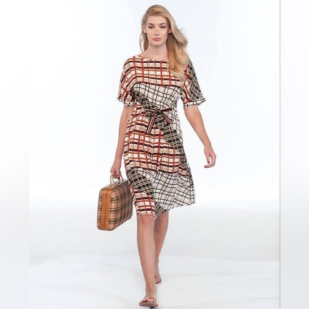 {Diana Gallesi} Italian Designer "Spicy Summer" Mixed Print Plaid Belted